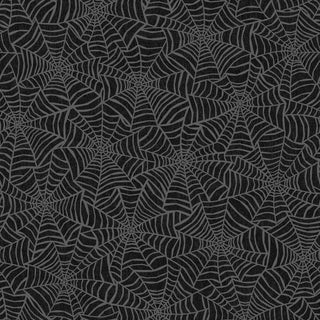 Featuring a repeating pattern of overlapping gray spider webs on a black background, the Maywood Studios Pumpkin Grove SPIDER WEBS BLACK MAS11183-J fabric by 47-EE Schenck is perfect for creating darling fabric projects. Available by the yard with free shipping.