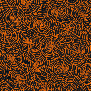 Featuring the 47-EE Schenck Maywood Studios Pumpkin Grove SPIDER WEBS BLACK/ORANGE MAS11183-JO fabric yardage, this seamless orange spiderweb pattern on a black background is ideal for darling fabric by the yard—with free shipping available.