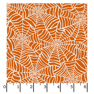 Maywood Studios Pumpkin Grove SPIDER WEBS ORANGE/CREAM MAS11183-OE fabric by 47-EE Schenck features vibrant orange fabric with a white spiderweb pattern, making it ideal for your next spooky project. The black ruler along the bottom edge shows measurements from 0 to 6 inches. Available by the yard with free shipping.