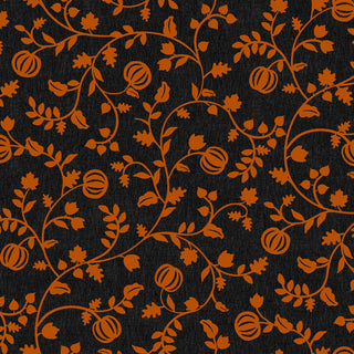 Discover the Maywood Studios Pumpkin Grove PUMPKIN VINES BLACK/ORANGE MAS11184-JO Fabric Yardage by 47-EE Schenck—a seamless pattern featuring orange, pumpkin-inspired gourds and leafy vines on a rich dark background. Ideal for charming fabric projects by the yard, with free shipping included.