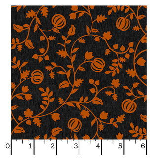 Maywood Studios Pumpkin Grove PUMPKIN VINES BLACK/ORANGE MAS11184-JO Fabric Yardage by 47-EE Schenck features a black background with an orange pumpkin and vine design, along with measuring grid lines marked from 0 to 6 inches along the bottom and left edges. This charming fabric is perfect for your seasonal projects—and your order ships free!.