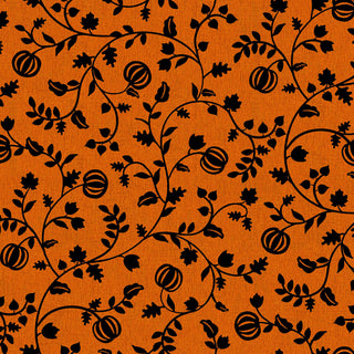 Discover the Maywood Studios Pumpkin Grove PUMPKIN VINES ORANGE/BLACK MAS11184-OJ Fabric Yardage by 47-EE Schenck—this charming fabric features a black floral and vine pattern with small pumpkins on an orange textured background. Available by the yard, plus enjoy free shipping on your order.