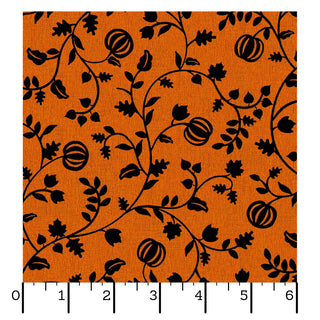 Maywood Studios Pumpkin Grove PUMPKIN VINES ORANGE/BLACK MAS11184-OJ Fabric Yardage by 47-EE Schenck features vibrant orange fabric adorned with a black pattern of vines, leaves, and pumpkins—an ideal choice for your next spooky project. The included image displays a ruler along the bottom with measurements from 0 to 6 inches. This fabric is available by the yard with free shipping.