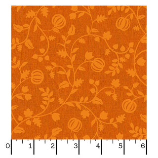 Maywood Studios Pumpkin Grove PUMPKIN VINES ORANGE MAS11184-O Fabric Yardage by 47-EE Schenck features a delightful orange fabric adorned with a subtle pumpkin and vine pattern, pictured beside a ruler marked from 0 to 6 inches for scale. Sold by the yard—ideal for your next creative project. Enjoy free shipping on all fabric orders!.