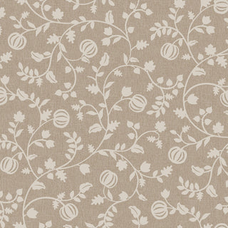 Here's a rewritten version incorporating your product data: The Maywood Studios Pumpkin Grove PUMPKIN VINES TAN MAS11184-T fabric by 47-EE Schenck features a beige background adorned with a repeating, decorative white vine pattern showcasing leaves, branches, and round fruit shapes in a symmetrical design—available by the yard with free shipping.