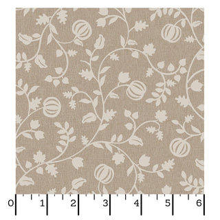 Maywood Studios Pumpkin Grove PUMPKIN VINES TAN MAS11184-T Fabric Yardage by 47-EE Schenck features a beige background with a cream floral and vine design. Shown against a white backdrop with a black centimeter ruler beneath for scale, this charming fabric is available by the yard with free shipping included.