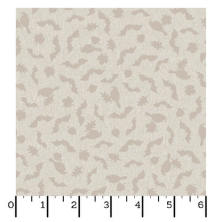 Square fabric swatch of Maywood Studios Pumpkin Grove BATS AND CROWS CREAM MAS11185-E by 47-EE Schenck features light brown bat and pumpkin silhouettes on a beige background, shown with a black inch ruler along the bottom and left edges for scale. This charming fabric is available by the yard with free shipping.