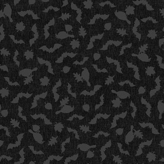 Experience the Maywood Studios Pumpkin Grove BATS AND CROWS BLACK MAS11185-J Fabric Yardage by 47-EE Schenck, featuring a seamless dark pattern with silhouettes of bats and leaves scattered across a black textured background—perfect for yardage projects, with free shipping on every order.
