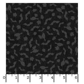 Introducing the Maywood Studios Pumpkin Grove BATS AND CROWS BLACK MAS11185-J Fabric Yardage by 47-EE Schenck—a charming black fabric square adorned with a playful design of bats, crows, and candy silhouettes. Along the bottom and left edges, a ruler displays inch measurements from 0 to 6. Sold by the yard with free shipping, this fabric is ideal for festive sewing projects.
