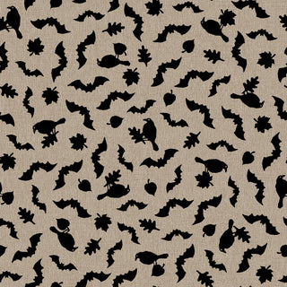 A charming fabric by 47-EE Schenck, the Maywood Studios Pumpkin Grove BATS AND CROWS TAN/BLACK MAS11185-TJ, features a pattern of black bat and crow silhouettes scattered across a textured beige background—available by the yard with free shipping.