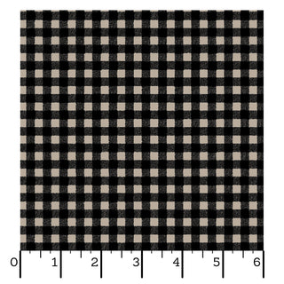 Maywood Studios Pumpkin Grove GINGHAM BLACK MAS11186-J fabric yardage by 47-EE Schenck is displayed as a black and white gingham swatch on a ruler grid background, showing measurements from 0 to 6 inches. This charming fabric is available to purchase by the yard with free shipping for your convenience.