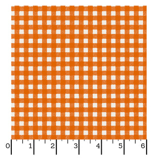 Maywood Studios Pumpkin Grove GINGHAM ORANGE MAS11186-O fabric yardage from 47-EE Schenck features a charming orange and white gingham check design, displayed in a swatch with measurement grids along the bottom and left edges to show pattern repeats. This delightful fabric is available by the yard with free shipping for your convenience.