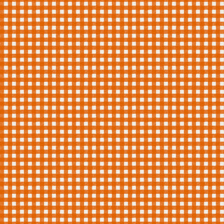 The Maywood Studios Pumpkin Grove GINGHAM ORANGE MAS11186-O Fabric Yardage by 47-EE Schenck features an orange and white gingham pattern with evenly spaced horizontal and vertical lines forming a grid of small squares. This charming fabric is available by the yard with free shipping.