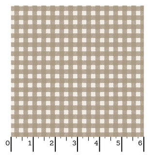Maywood Studios Pumpkin Grove GINGHAM TAN MAS11186-T fabric yardage by 47-EE Schenck, featuring a tan and white gingham check pattern, is displayed as a fabric square aligned on a ruler showing 0 to 6 inches at the bottom. Perfect for your next sewing project, this charming fabric by the yard makes a delightful choice.