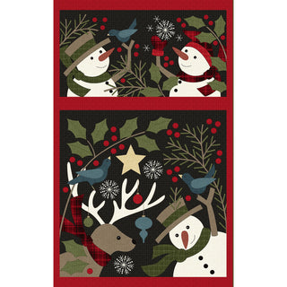 The Maywood Studio Holly Jolly Flannel Snowman Panel (27", by 47-EE Schenck) features two winter scenes: one with snowmen, birds, holly, snowflakes; the other with a snowman, antlered deer, birds, holly, and Christmas ornaments. Sold by the yard.