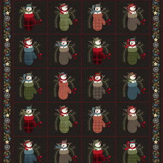 Maywood Studio Holly Jolly Flannel MASF10981-J by 47-EE Schenck features rows of mitten blocks with snowmen, berries, and pine on a dark background with star, holly, and snowflake borders. Sold by the yard—perfect for seasonal projects!.
