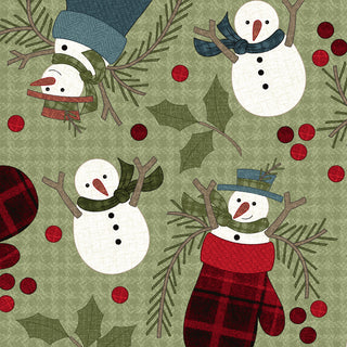 Cheerful snowmen with scarves and hats, red mittens, holly leaves, berries, and pine branches on cream—perfect for cozy projects with 47-EE Schenck’s Holly Jolly Flannel Snowmen fabric by the yard.