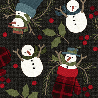 Holly Jolly Flannel Snowmen - Cream by 47-EE Schenck is a patterned fabric by the yard featuring snowmen with scarves and hats, red mittens, holly leaves, and berries on a cream background.