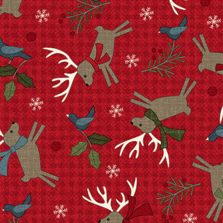 Maywood Studios Holly Jolly Flannel MASF10893-R Deer Red Yardage by 47-EE Schenck features reindeer in scarves, blue birds, holly leaves, evergreen branches, and white snowflakes on a festive red background.