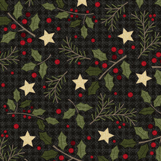 The Maywood Studios Holly Jolly Flannel MASF10894-J Holly Black Yardage by 47-EE Schenck features holly leaves, red berries, pine branches, and yellow stars on a dark background, sold by the yard.