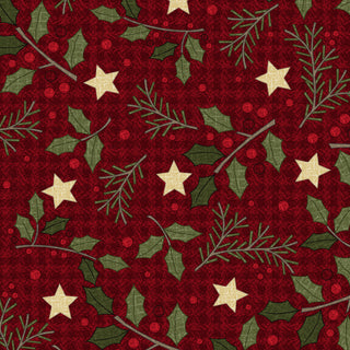 Maywood Studios Holly Jolly Flannel MASF10894-R by 47-EE Schenck features a seamless gold star, holly leaf, red berry, and pine branch pattern on red, sold in 1-yard increments.