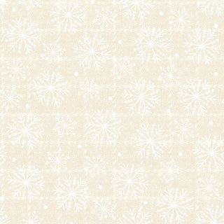 Maywood Studios Holly Jolly Flannel MASF10895-E Snowflakes Cream Yardage by 47-EE Schenck features white snowflakes and dots on a light beige textured background—ideal for seamless winter-themed 1-yard fabric projects.