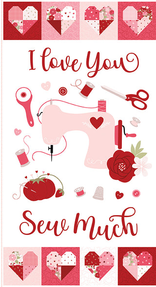 The Sew in Love Dani Mogstad for RBD PANEL P16907-PANEL by Fabric by Riley Blake features a pink and red sewing-themed design with sewing machine, scissors, thread, and "I love you sew much" text. Measures 24x43"; perfect for a 1 yard panel project.