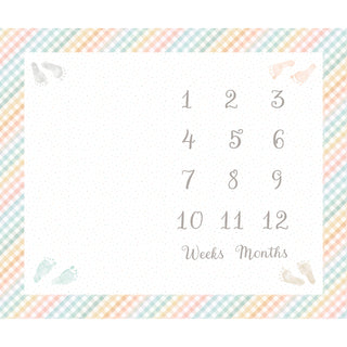 The P&B Textiles First Impressions Flannel 6019-PA How Old Am I Panel features a peach and teal plaid border, numbers 1–12 with "Weeks" and "Months," plus pastel baby footprints for adorable milestone photos.