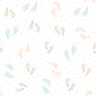 P&B Textiles First Impressions Flannel 6020WMU Footprints White Multi features pastel baby footprints and stars in soft peach and teal on white—ideal for baby flannel projects or as a sweet milestone panel backdrop.