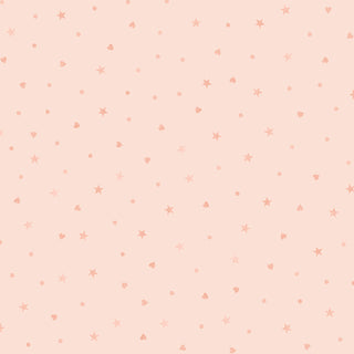 P&B Textiles First Impressions Flannel 6021LJ Stars and Hearts Peach features a soft pink background with hearts, stars, and dots—ideal for baby flannel projects or as a charming accent on milestone panels.