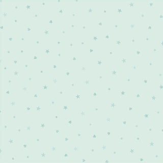 P&B Textiles First Impressions Flannel 6021LT Stars and Hearts Teal Fabric Yardage features a light blue background with scattered stars, hearts, and dots—ideal for baby flannel projects or as a charming milestone panel accent.