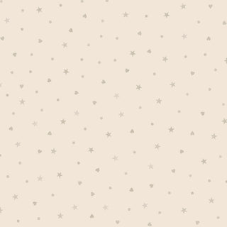 P&B Textiles’ First Impressions Flannel 6021NE Stars and Hearts Neutral Fabric features a beige background with gray stars, hearts, and dots plus subtle peach and teal accents—soft and perfect for monthly milestone panels.