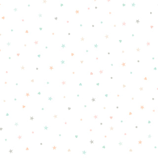 P&B Textiles First Impressions Flannel 6021WMU Stars and Hearts White Multi features pastel stars, hearts, and dots on a white background—ideal for baby flannels or monthly milestone panels.