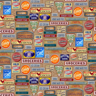 P&B Textiles General Store Signage GSTO 6349 NE Bigelow Illustrations cotton fabric featuring a repeating grid of vintage-style signs advertising coffee, soda, groceries, and barber shop services.