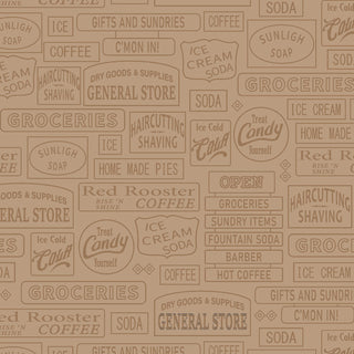Seamless pattern of P&B Textiles General Store Signage Linework NEUTRAL GSTO 6350 NE Bigelow Illustrations vintage-style signs in brown linework on beige farm fresh fabric.