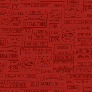 Red P&B Textiles General Store Signage Linework RED GSTO 6350 R Bigelow Illustrations fabric patterned with vintage-style general store signage including “General Store,” “Groceries,” and “Ice Cream Soda.”