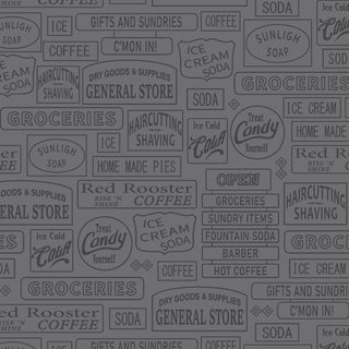 P&B Textiles General Store Signage Linework GRAY GSTO 6350 S Bigelow Illustrations cotton fabric with a repeating linework design of vintage store signs for groceries, coffee, soda, and haircuts on gray.