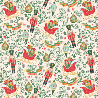 Crafted by 47-EE Schenck, the P&B Textiles Tis the Season Beth Grove PNBTTSE-6172-E "TIS THE SEASON TOSS" Cream Fabric Yardage showcases a seamless pattern of nutcrackers, festive sleighs with gifts, Christmas ornaments, ribbons, and holly leaves on a cream background—ideal for holiday fabric projects or enchanting Nutcracker-themed creations.