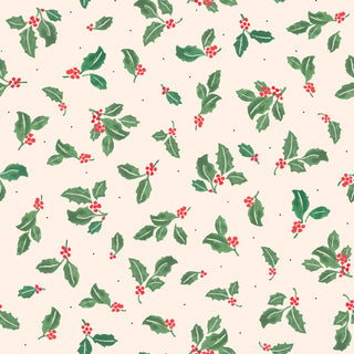 P&B Textiles Tis the Season Beth Grove PNBTTSE-6174-E HOLLY TOSS Cream Fabric Yardage by 47-EE Schenck features a seamless pattern of green holly leaves and red berries scattered on a light beige background, making it perfect for Christmas fabric and holiday fabric projects.