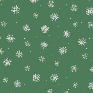 White snowflakes and tiny dots are evenly distributed across a green background on the P&B Textiles Tis the Season Beth Grove PNBTTSE-6175-G MINI SNOWFLAKES TOSS Green Fabric Yardage by 47-EE Schenck, creating a classic, repeating winter-themed pattern. This festive fabric is ideal for holiday sewing projects or pairing with nutcracker prints for a charming Christmas look.