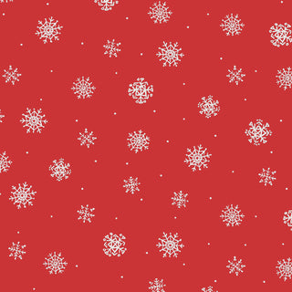 P&B Textiles Tis the Season Beth Grove PNBTTSE-6175-R MINI SNOWFLAKES TOSS Red Fabric Yardage by 47-EE Schenck features an array of white snowflakes in different sizes, scattered over a vivid red background adorned with small white dots that evoke the look of falling snow—an ideal fabric choice for holiday or Christmas projects.