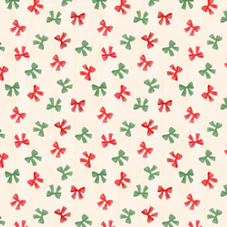 Featuring the P&B Textiles Tis the Season Beth Grove PNBTTSE-6177-E TOSSED BOWS Cream Fabric Yardage by 47-EE Schenck, this fabric showcases an evenly spaced pattern of red and green bows on a cream-colored background—perfect for Nutcracker-themed or other Christmas fabric projects.