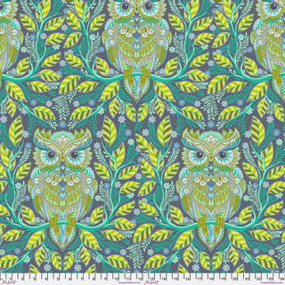 Tula Pink Full Moon Forest II PWTP244.STARLIGHT HOOTIE PATOOTIE fabric by Free Spirit features ornate green and blue owls on leafy branches with a gray background; scale in inches shown. Sold by the yard with free shipping.