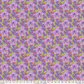 Introducing the Tula Pink Full Moon Forest II PWTP.248-BLOSSOM fabric by Free Spirit TULA PINK: This quilting cotton yardage features a seamless floral pattern with pink, red, and yellow blossoms on a purple background accented by green leaves. The design is inspired by Tula Pink and includes a measuring ruler along the bottom edge for added convenience.