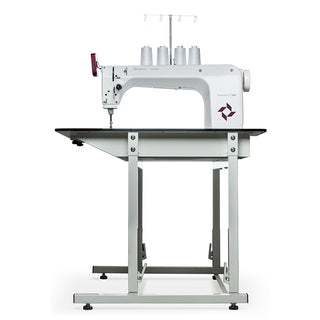 A Husqvarna Viking Platinum Q160 Stationary Quilter With Table sewing machine on a stand.