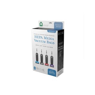 Box of RICCAR Odor-Fighting HEPA Media R10 Bags by Sewandvac, compatible with vacuum models R10CV, R17, R10P, and R10S, providing outstanding compatibility and charcoal-lined odor-fighting properties.