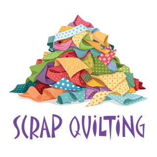A vibrant stack of fabric scraps sits above "Scrap Quilting (2nd Thursday of each month)" in bold purple, highlighting the 1000-Education brand—perfect for quilting squares.