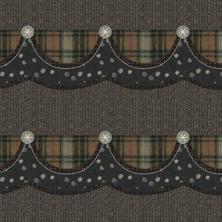 Snowy Days & Frosty Nights by Kathi Campbell: Scallop Border Shadow 8468-96 from 47-EE Schenck features dark plaid, dotted scallop bands, and button accents on a textured brown—perfect for winter quilting or cotton fabric projects.