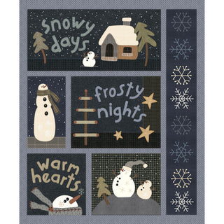 The 8469P-97 Graphite || Snowy Days & Frosty Nights 35x44 Panel by Kathi Campbell for 47-EE Schenck features snowmen, a house, trees, and text like "snowy days" on a dark backdrop with digitally printed winter designs.