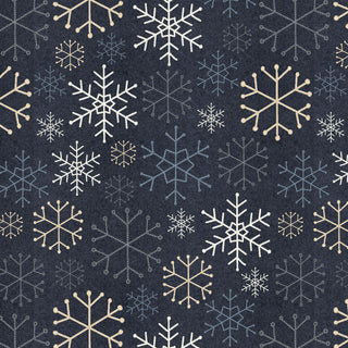 Snowy Days & Frosty Nights by Kathi Campbell: Snowflake Stitches Graphite 8470-97 from 47-EE Schenck features a digitally printed cotton with white, cream, and blue snowflakes on dark blue—perfect for quilting winter projects.